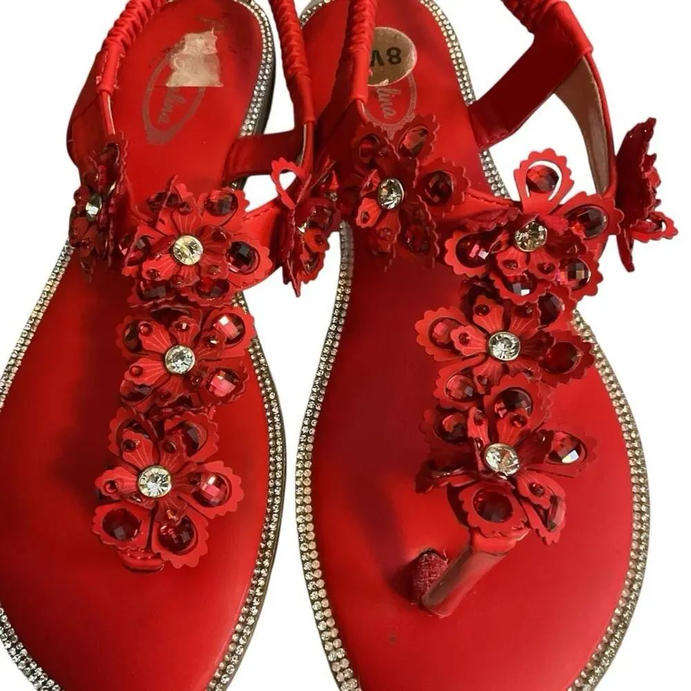 Atalina Red Beaded Floral Thong Sandals Size 8W Wide - Picture 8 of 11